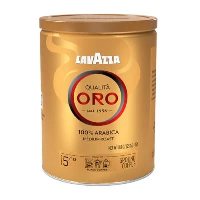 Imagen de Lavazza, Qualità Oro, Café Molido Natural, Ideal para Cafetera Italiana, de Filtro y Francesa, con Notas Aromáticas Frutas Flores, 100% Arábica, Intensidad 5, Tueste Medio, Lata 250 g