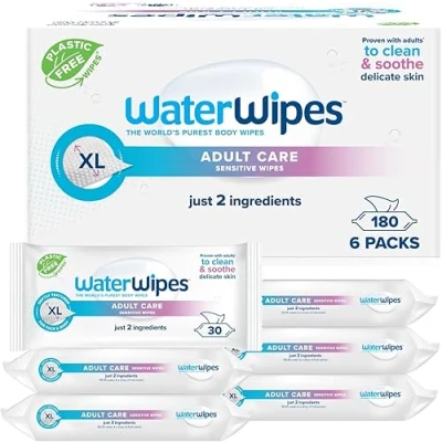 Imagen de WaterWipes Cuidado Sensible para Adultos Toallitas húmedas, 180 (6 Packs), Extra grandes, con Base de Agua, diseñadas Limpieza todo el Cuerpo