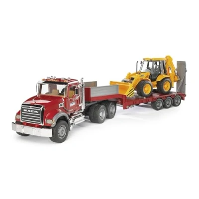 Imagen de bruder 02813 Camión de granito MACK con pala baja y retroexcavadora JCB 4CX, transportador, vehículo construcción