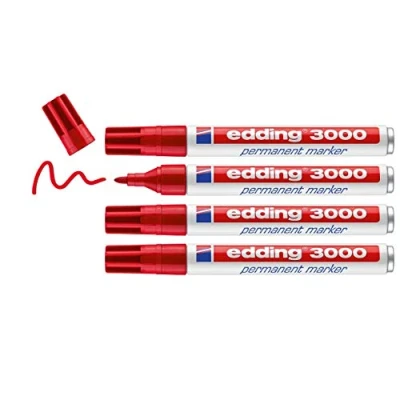 Imagen de edding 3000 marcador permanente rojo 4 rotuladores punta redonda 1,5 3 mm indeleble de secado rápido resistente al agua y a los borrones cartón, plástico, madera, metal, tela universal