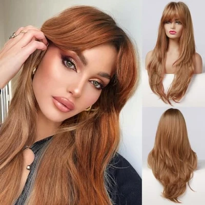 Imagen de Honygebia Peluca Pelirroja con Flequillo Pelucas Auburn para Mujeres, Cabello Largo Recto de Tono Cobre Capas Raíces Oscuras, Sintéticas Naturales Resistentes al Calor Halloween