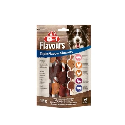 Imagen de 8in1 Triple Flavour Brochetas para Perros de Todos los tamaños, con pechuga Pollo, Pato e hígado Aprox. 6 brochetas, 113 g