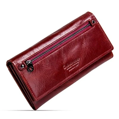 Imagen de Contacts Billetera Embrague del Monedero la Tarjeta identificación Cuero Genuino Bifold Las Mujeres de viaje para teléfono móvil (Rojo Largo)