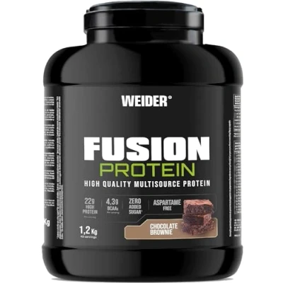 Imagen de Weider Fusion Protein (1,2kg) Sabor Chocolate Brownie. Proteína a base 4 fuentes de Proteínas calidad, origen animal y vegetal, 22g + 4,3g BCAA/porción, Sin Azúcar añadido, Aspartamo