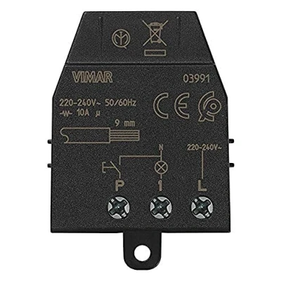 Imagen de Vimar 03991 Módulo relé magnético Quid para luces de pulso secuencial ON/OFF, 1 entrada botón NO, salida NO 10 A 220 240 V, 50/60 Hz