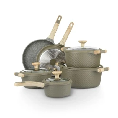 Imagen de KASANOVA Juego de utensilios cocina 10 piezas Bambú verde. Fabricado en aluminio antiadherente 4 capas, fondo mm y mangos baquelita tacto suave