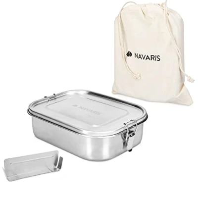 Imagen de Navaris Fiambrera de Acero Inoxidable para Comida Envase hermético con Separador y Tapa Recipiente Rectangular 1400 ML Lunch Box Metal
