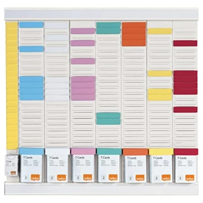 Imagen de Nobo 1915627 Kit de planificación semanal con enchufes T, pared, 7 columnas y 24 ranuras para índice 2, hojas T coloridas/columna incluidas, color blanco,