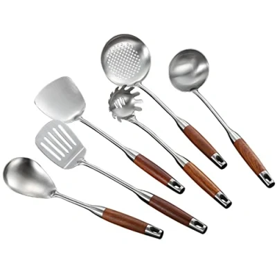 Imagen de Abcsea 6 Piezas Utensilios de Cocina Acero Inoxidable, Cuchara Perforada, Salsera, Ranurada, con Mango Peral