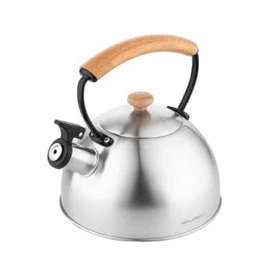Imagen de Tetera FLORINA (2,3 l) de Acero Inoxidable NATURA Flauta con Mango Madera Silbato Automático para Estufa Inducción, Gas y Eléctrica Color: Plata