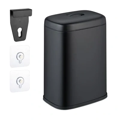 Imagen de Relaxdays Cubo de Basura Pared, 5 litros, para Colgar o Pegar, Papelera Interior, Basurero Cocina, Baño, Negro, Hierro, 29 x 21.5 16.5 cm