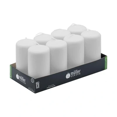 Imagen de Müller Velas Blancas de Columna Cilíndricas, Juego 8 Color Blanco, Dim. 120 x 57 mm, larga duración 32 horas, cera antigoteo, sin olor, calidad RAL