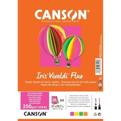 Imagen de CANSON Iris Vivaldi, Papel de Dibujo Color, Liso, 240 g, Hoja, A4 21x29,7, 4 Colores Fluo Surtidos, 20 hojas