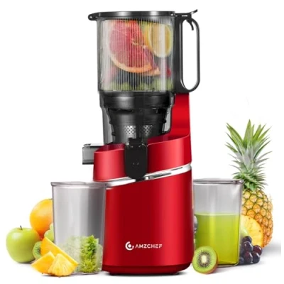 Imagen de AMZCHEF extractor de jugo automático con manos libres, apertura 135 mm y capacidad 1,8 L, zumo frutas verduras enteras, lento 250 W triple filtro, rojo