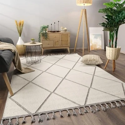 Imagen de Paco Home Alfombra Salon De Habitacion Pelo Corto Motivo Boho Chic Nordica con Flecos, tamaño:240x340 cm, Color:Crema 2