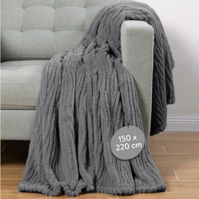 Imagen de HOMELEVEL Manta Sherpa 150 x 220 cm Calentita Sofa Invierno Extra Suave Pelo Lavable 100% Poliéster Polar con Diseño Jacquard Gris