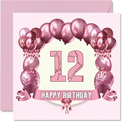 Imagen de Divertidas tarjetas de cumpleaños 12 para niñas, globos cumpleaños, tarjeta feliz hijo, hija, hermano, hermana, nieto, nieta, sobrina, sobrino, primo, 145 mm x mm,