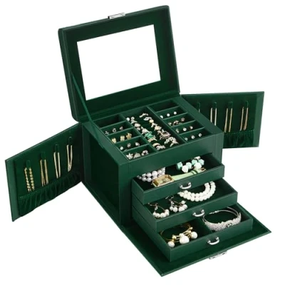 Imagen de SONGMICS Caja Joyero de 4 Niveles, para Joyas con Asa, 3 Cajones, Espejo, Cerradura, Viajar, Regalo, Superficie y Forro Verde Bosque JBC159C01