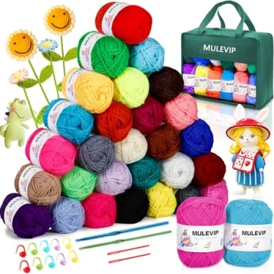 Imagen de MULEVIP Lanas para Tejer 30 Colores Crochet,Lana Crochet,Ovillos de Algodon Crochet,con Ganchos Ganchillo Hebillas Marcadoras,Ovillo Lana DIY Tejido
