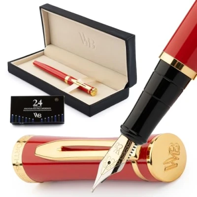 Imagen de Wordsworth &amp; Black Juego de plumas estilográficas, pluma dorada media 18 quilates, 24 cartuchos tinta, convertidor recarga tinta y estuche regalo, para caligrafía, rojo carmesí