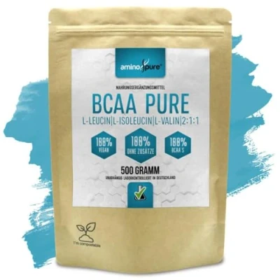 Imagen de aminopure® Complejo de aminoácidos esenciales en polvo BCAA Leucina, isoleucina y valina proporción 2:1:1 vegano sin aditivos probado contra sustancias nocivas el laboratorio 500 gr
