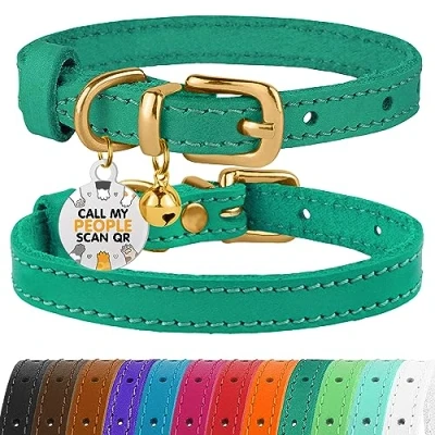 Imagen de BRONZEDOG Collar de cuero para gato con campanas, etiqueta QR gatito no separable niña y niño (verde dorado, 23 28 cm)