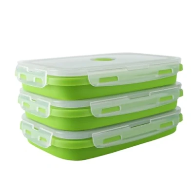 Imagen de OITUGG Plegable Fiambrera 3 piezas 1200ml Lunch Box Silicona Hermético, a prueba de fugas, Diseñada con 4 hebillas presión, Sin BPA, Apta para microondas, lavavajillas, Verde