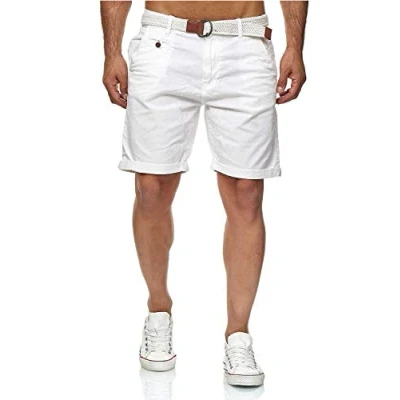 Imagen de Indicode Conor Pantalones cortos chinos para hombre, con cinturón, 100% algodón, bermudas de corte regular blanco roto S