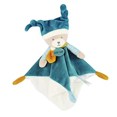Imagen de Baby Nat&#039; BN0739 Peluche de Oso con Gorro Noche y Estampado a Rayas, Nacimiento Doudou fácil atrapar Muy Suave para los Abrazos