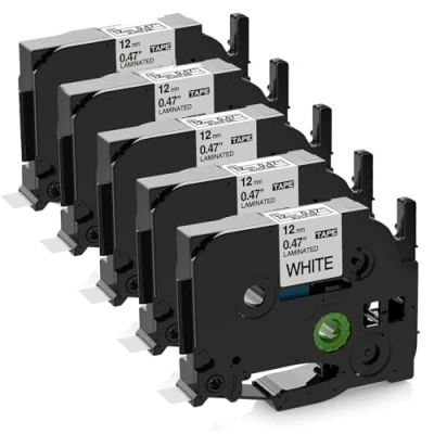 Imagen de 5 x Compatible Cinta de Etiquetas para Brother TZe231 P touch TZe 12mm Negro sobre Blanco Laminada PT 1830 2730 D200 7100 2100 2030 1090 2470 1290 1010 1080 P700 Impresoras