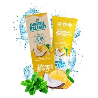 Imagen de DENTAL DELIGHT Bahama Breeze Pasta de dientes Piña Coco Vegano Neutral Ambiental Libre Microplásticos, Amarillo, 75 ml