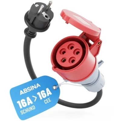 Imagen de ABSINA Adaptador de enchufe schuko a conector CEE 16A 5 polos con 60 cm cable y protección IP44 corriente trifásica como accesorio para vehículos