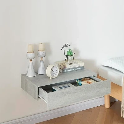 Imagen de [en.casa] Estanteria Pared para Llaves Libros Gafas Lámpara Mesilla de Noche Mural con Cajón hasta 5 kg Estante MDF Recubierto PVC 60 x 35 12 cm Efecto Hormigón