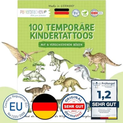 Imagen de Papierdrachen 100 tatuajes infantiles especialmente respetuosos con la piel, del mundo de los dinosaurios, para niños, como regalo cumpleaños o idea regalo, 100% vegano set 27