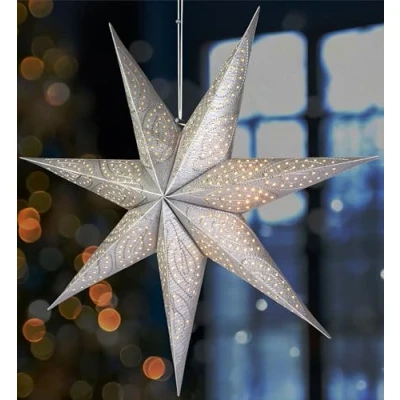 Imagen de BRUBAKER 60 cm Estrella de Navidad Papel Adviento para Ventana 3D con Casquillo E14 Decoración Navideña Colgante Luz 3,5 m Cable Plateada