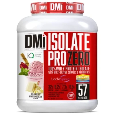 Imagen de DMI proteína ISOLATE PRO ZERO para Recuperación y Desarrollo Muscular 100% Aislado de suero con DigeZyme® LactoSpore Sin Azúcares Añadidos (2 Kg, Strawberry White Chocolate)