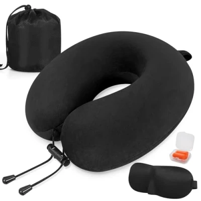 Imagen de Almohada de Viaje para Cuello, Viscoelástica Espuma, Cervical Oficina Avión Tren Coche Viajando, Cojin Cuello con Máscara Ojos, Tapones y Bolsa (Negro)