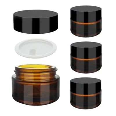 Imagen de SyiXute 4 Piezas 15ml Ámbar Tarros de Cristal,Marrón Vacía Crema Tarro con Forro Interior Blancos y Tapas Plástico Negro para Cosméticos Facial Loción Rellenables Botella