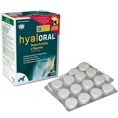 Imagen de Hyaloral 120 comp para Perros de Razas Grandes y Gigantes Suplemento Nutricional el dolor Caderas, Articulaciones Cartílagos Complemento Vitamínico fortalecer Tendones Ligamentos