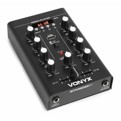 Imagen de Vonyx STM500BT Mezclador 2 canales, Bluetooth, Reproducción de MP3 con USB, Display, entrada micrófono, salida auriculares, chasis metal resistente, color negro