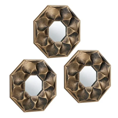 Imagen de Relaxdays Espejos de Pared Diseño Flor Octogonal Set 3, Decorativos, Salón, Pasillo, 25 cm, Marcos Plástico, Dorado, x 2 cm Aprox