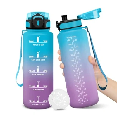 Imagen de Botella Agua, 1500ML Libre de BPA, Agua Gimnasio, Diseño Cerradura a Prueba Fugas, Botellas Con Marca Tiempo, para Niños Deportes, Camping AzulPúrpura