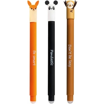 Imagen de EBERHARD FABER 599019 Tinteroller borrable, 3 Animal Erase it pens, panda, zorro, perezoso, bolígrafo de gel azul 0,7 mm