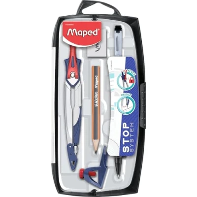 Imagen de Maped Material Escolar Stop System Caja 7 Piezas Compás Incluye Abrazadera Universal, Portaminas, Afilaminas, Estuche de Minas, Mini Lápiz y Goma Sistema Bloqueo Brazos