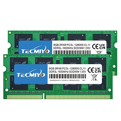 Imagen de TECMIYO 16GB DDR3 (2x8GB) PC3L 12800S SODIMM 1600 / DDR3L 1600MHz CL11 PC3 12800 RAM 1.35V/1.5V 204Pin Non ECC Unbuffered Memoria para MacBook Pro,iMac,Macbook Mini