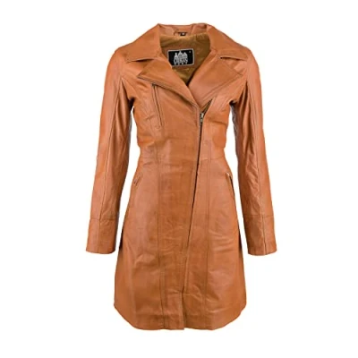 Imagen de URBAN 5884 JANICE Ladies Chaqueta de Cuero Mujer Elegante Piel Cordero Suave para Mujeres Modelo largo Marrón L