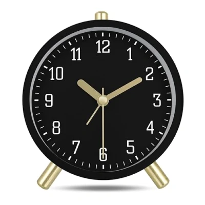 Imagen de Lafocuse Reloj Despertador Analógico Silencioso, Metal Negro Classic con Luz Nocturna, de Mesa Moderno para Mesilla Dormitorio 11cm