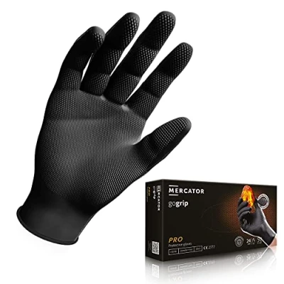 Imagen de MERCATOR GoGrip Guantes de nitrilo Negro Talla L 50 unidades desechables protección sin polvo Látex extrafuerte Textura diamante
