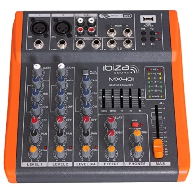 Imagen de Ibiza MX401 Completo mezclador semiprofesional de 4 canales (ecualizador 5 bandas) con entradas micrófono y línea salidas REC, RCA, auriculares AUX USB Negro naranja