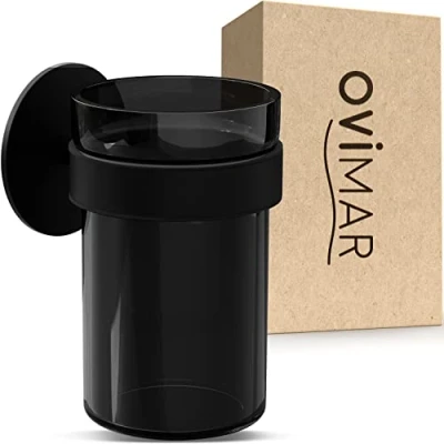 Imagen de Vaso Cepillo de Dientes ovimar Engeloya Negro sin taladrar Cristal y Acero Inoxidable para el baño con extraíble Soporte Pegar en la Pared